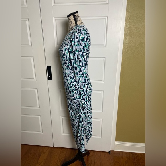 Eliza J NWT Abstract Print Long Sleeve Ruched Sheath Midi Dress Blue Teal Gray - Picture 5 of 8